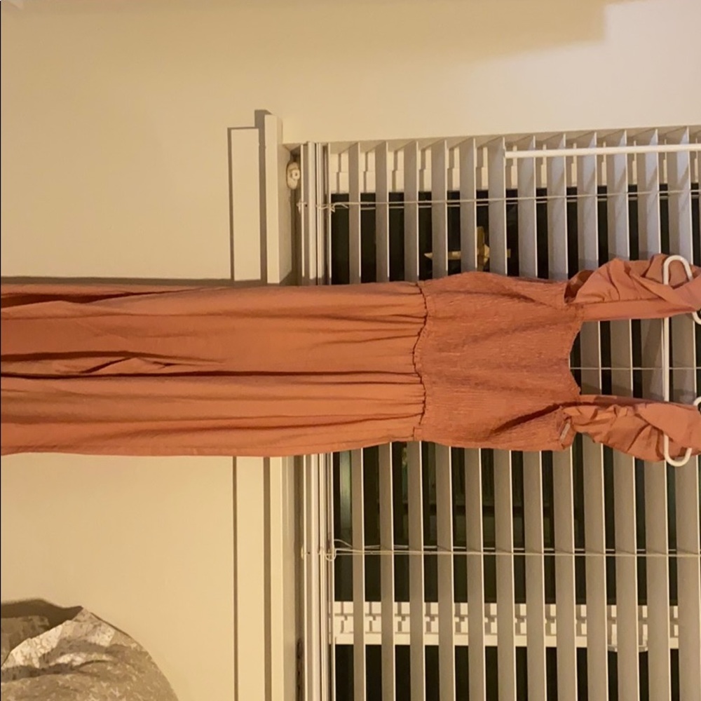 Salmon Small ruffled shoulder long jumpsuit